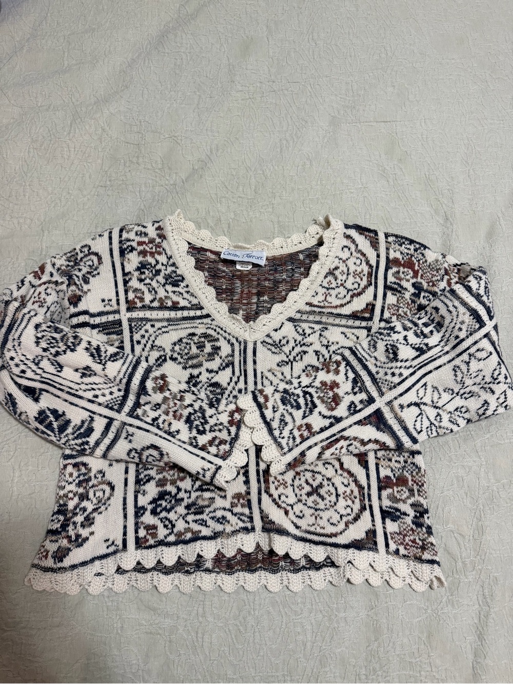 Crochet-Trim Floral Tile Knit Cardigan Sweater - Cream